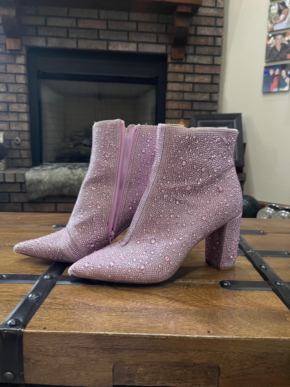 Betsey Johnson Pink Crystal-Embellished Block Heel Ankle Boots
